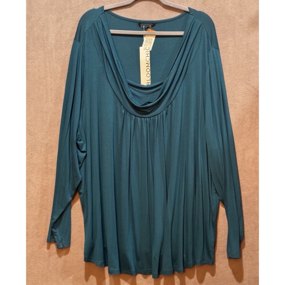 BloomChic Teal Blue Cowl Neck Pleated Long Sleeve Tunic Top Plus Size US 28 NEW